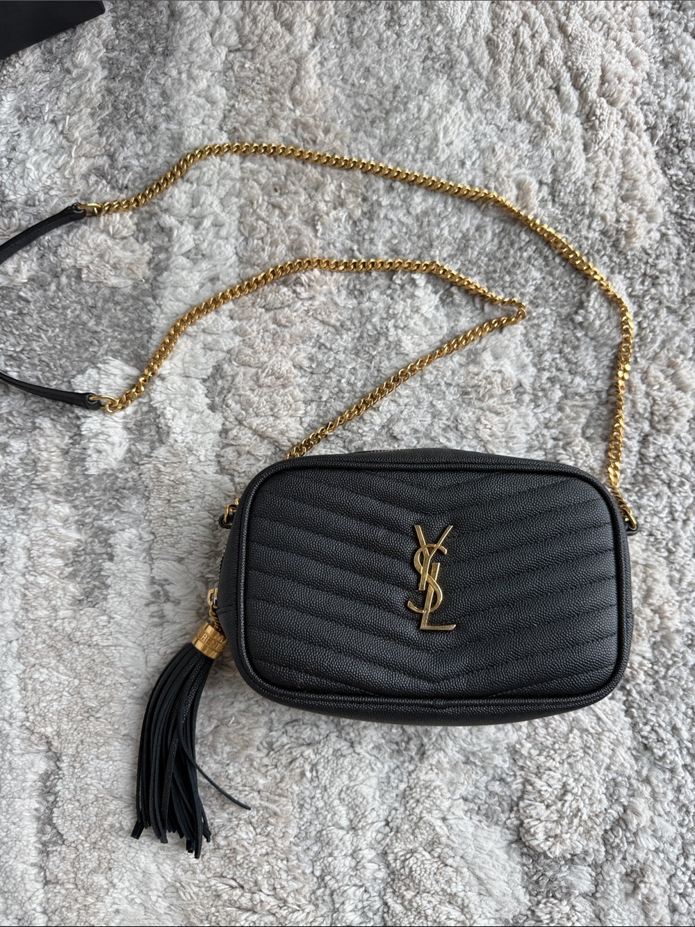 Saint Laurent Black Quilted Camera Crossbody with Gold Chain
